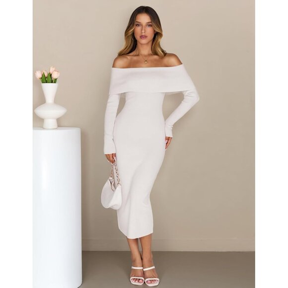 Merokeety Women's White Off Shoulder Long Sleeve Elegant Bodycon Midi Dress - Picture 2 of 9